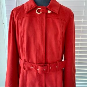 🟢 New Red Faux Suede Coat Autumn Run gold hardware hidden Zip Jacket Belt soft